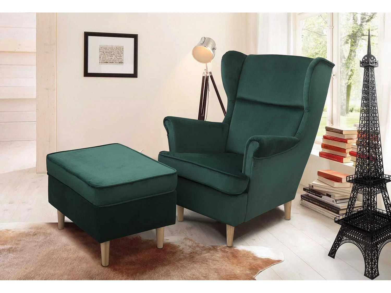 Ohrensessel Teramo mit Hocker bequemer Sessel Wohnung Relaxsessel (Kronos 19 - grün)