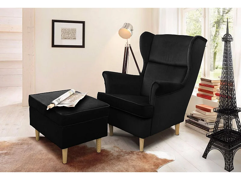 Ohrensessel Teramo mit Hocker bequemer Sessel Wohnung Relaxsessel (Kronos 07 - schwarz)