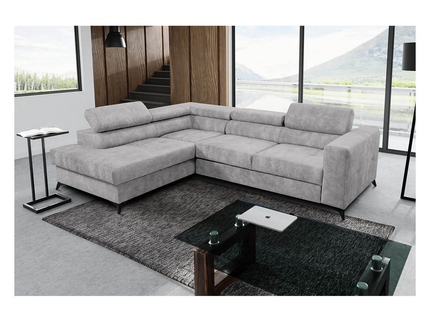 Ecksofa L Form Palermo 267 x 205 cm mit Schlaffunktion und Bettkasten Couch, Schlafsofa, Schlafcouch Sofa, Wohnzimmer, links, hellgrau