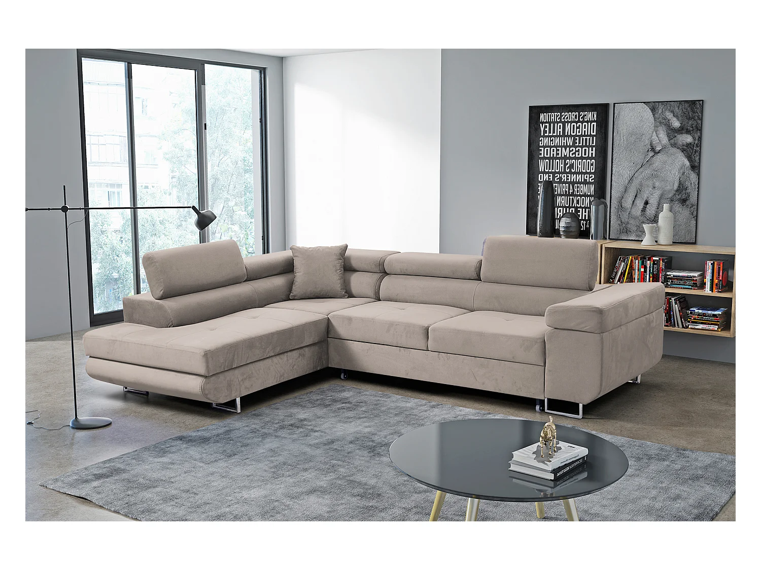 Ecksofa Marlene III L-Form mit verstellbaren Kopfstützen Schlaffunktion Bettkasten 271 x 202 cm  links, beige