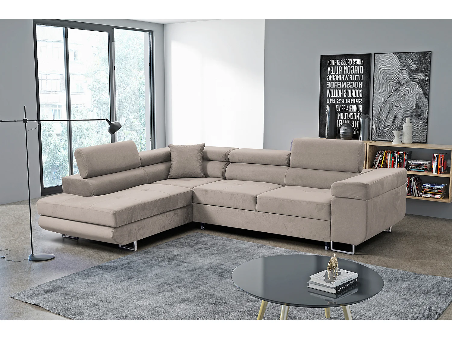 Ecksofa Marlene III L-Form mit verstellbaren Kopfstützen Schlaffunktion Bettkasten 271 x 202 cm  links, beige