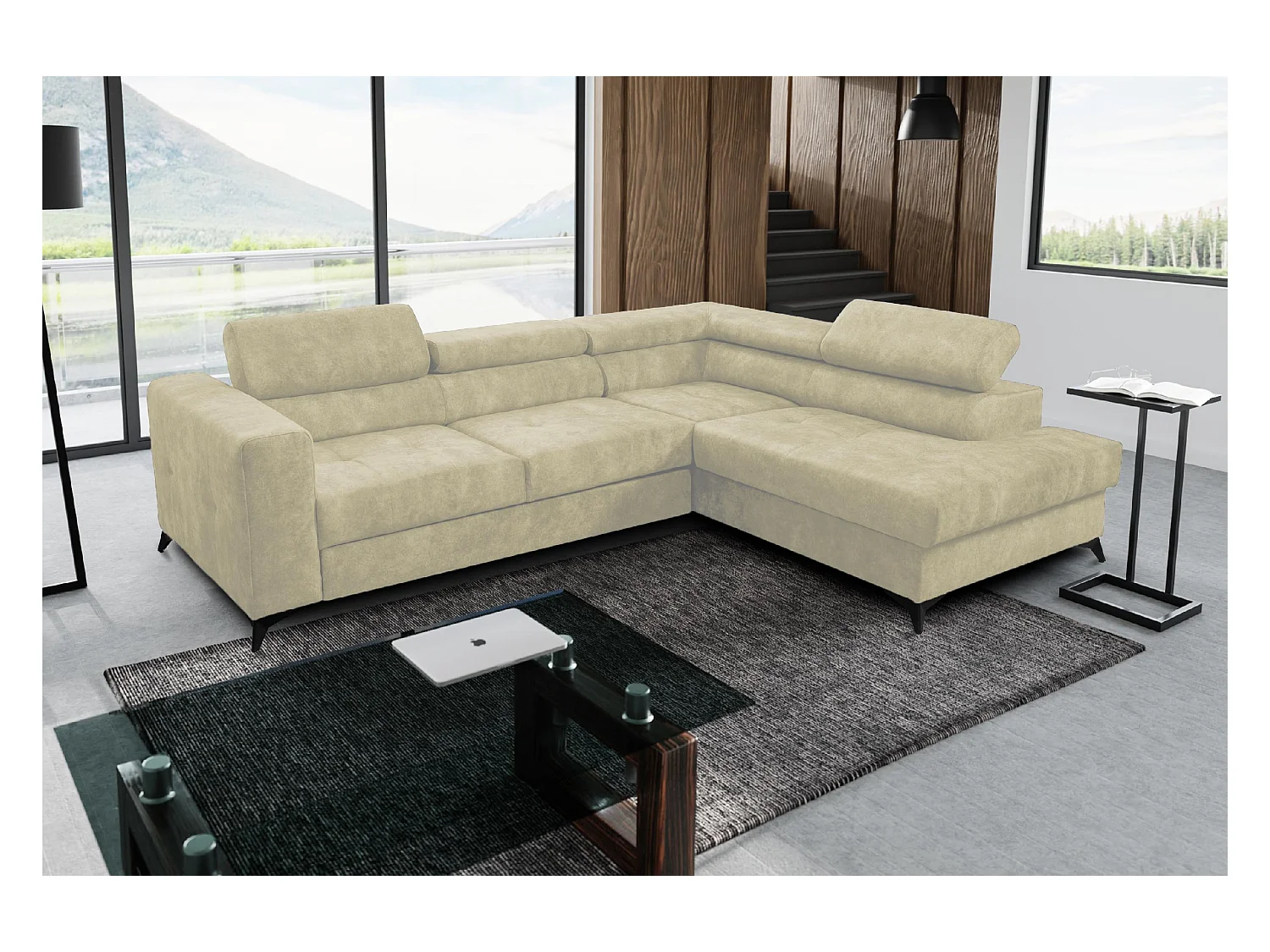Ecksofa L Form Palermo 267 x 205 cm mit Schlaffunktion und Bettkasten Couch, Schlafsofa, Schlafcouch Sofa, Wohnzimmer, rechts, beige