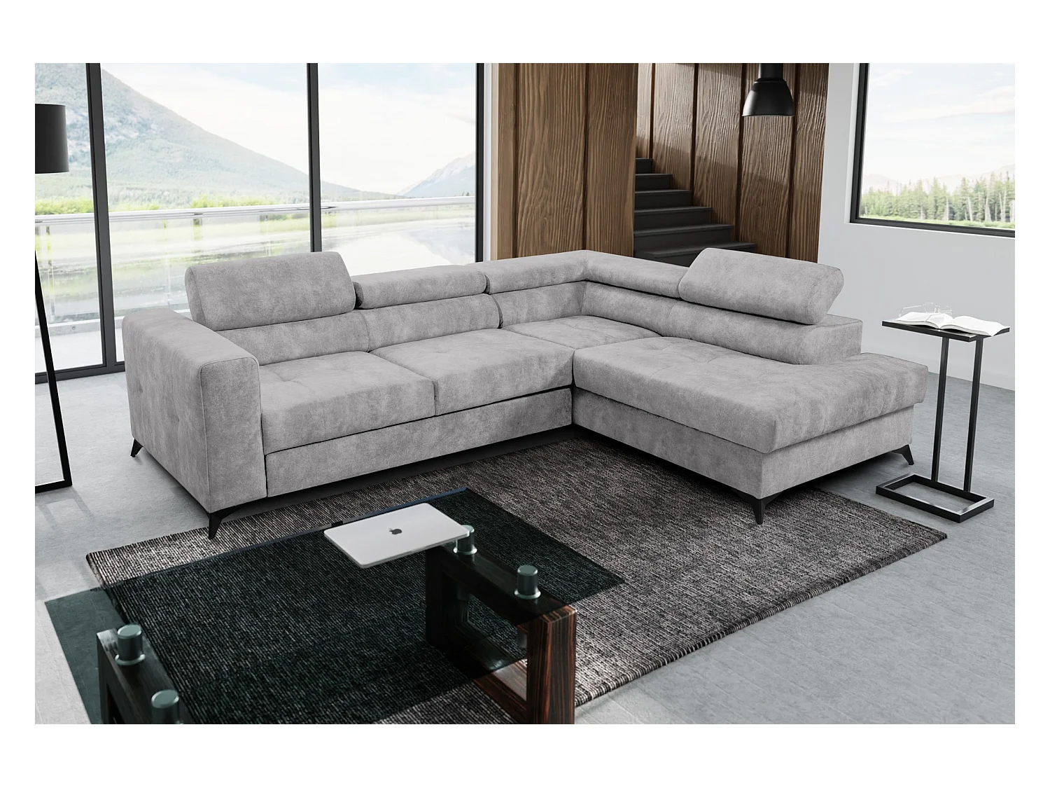 Ecksofa L Form Palermo 267 x 205 cm mit Schlaffunktion und Bettkasten Couch, Schlafsofa, Schlafcouch Sofa, Wohnzimmer,  rechts, hellgrau