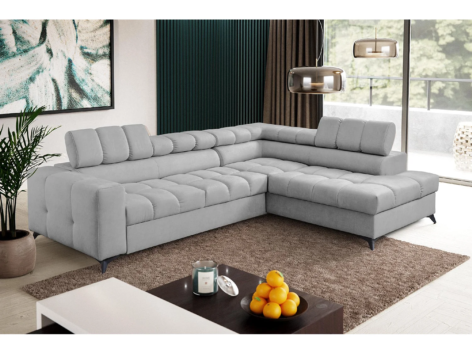 Ecksofa Andrea L-Form mit verstellbaren Kopfstützen Schlaffunktion Bettkasten 267 x 205 cm Wohnzimmer rechts, hellgrau