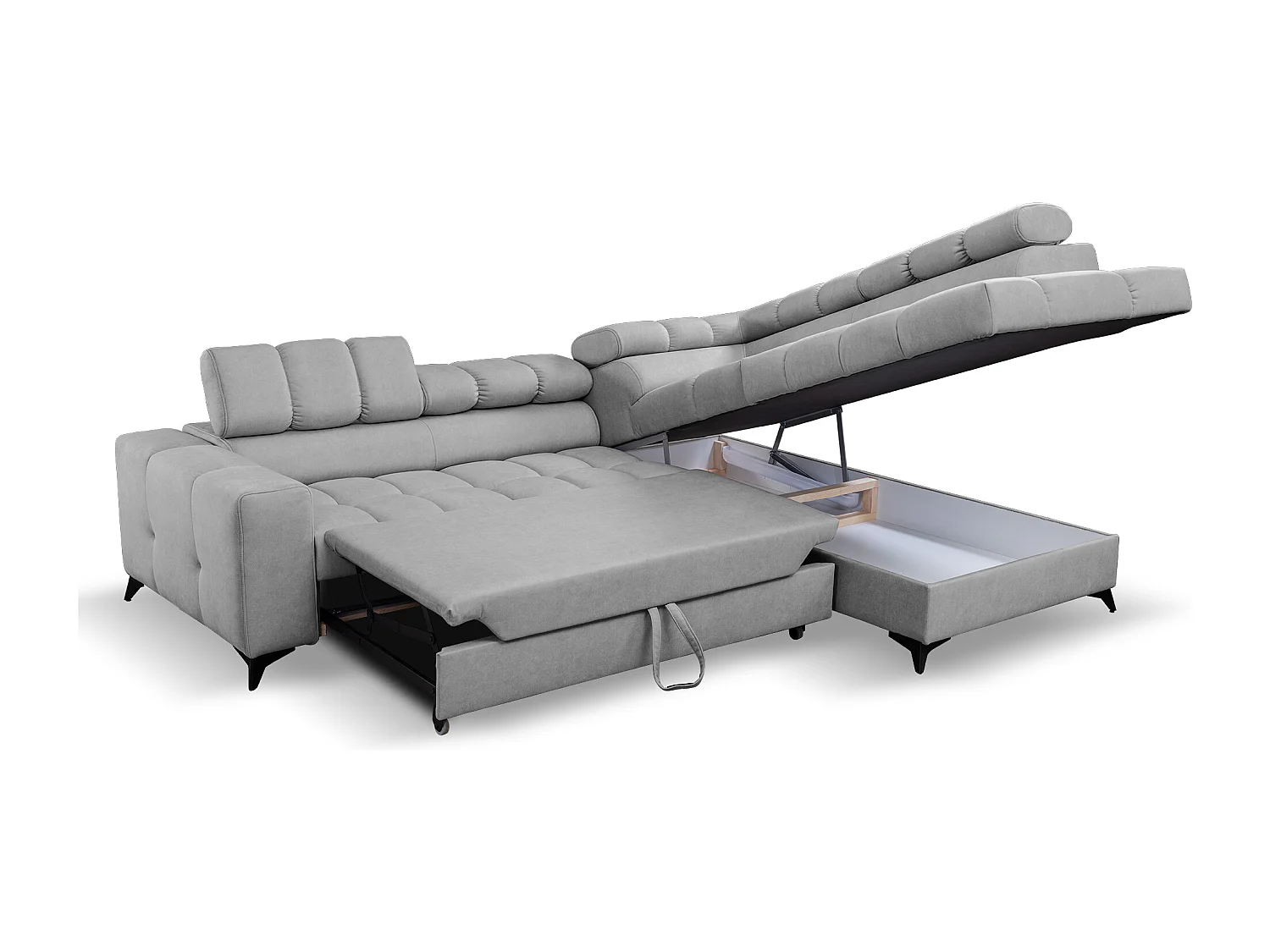 Ecksofa Andrea L-Form mit verstellbaren Kopfstützen Schlaffunktion Bettkasten 267 x 205 cm Wohnzimmer rechts, hellgrau