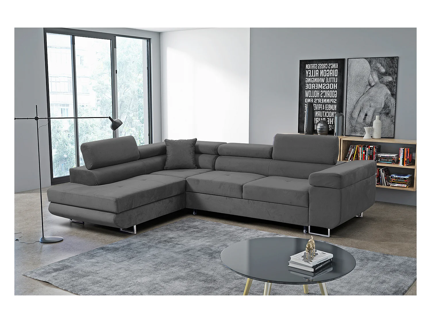 Ecksofa Marlene III L-Form mit verstellbaren Kopfstützen Schlaffunktion Bettkasten 271 x 202 cm Wohnzimmer links, grau