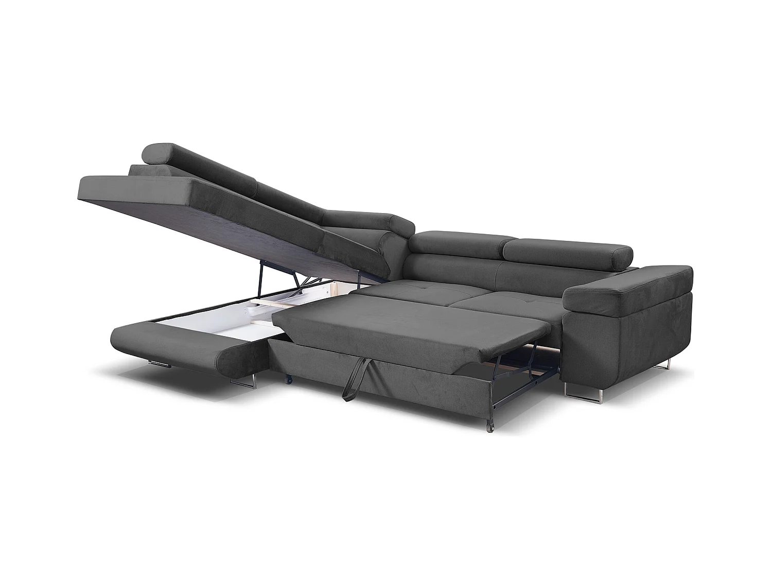 Ecksofa Marlene III L-Form mit verstellbaren Kopfstützen Schlaffunktion Bettkasten 271 x 202 cm Wohnzimmer links, grau