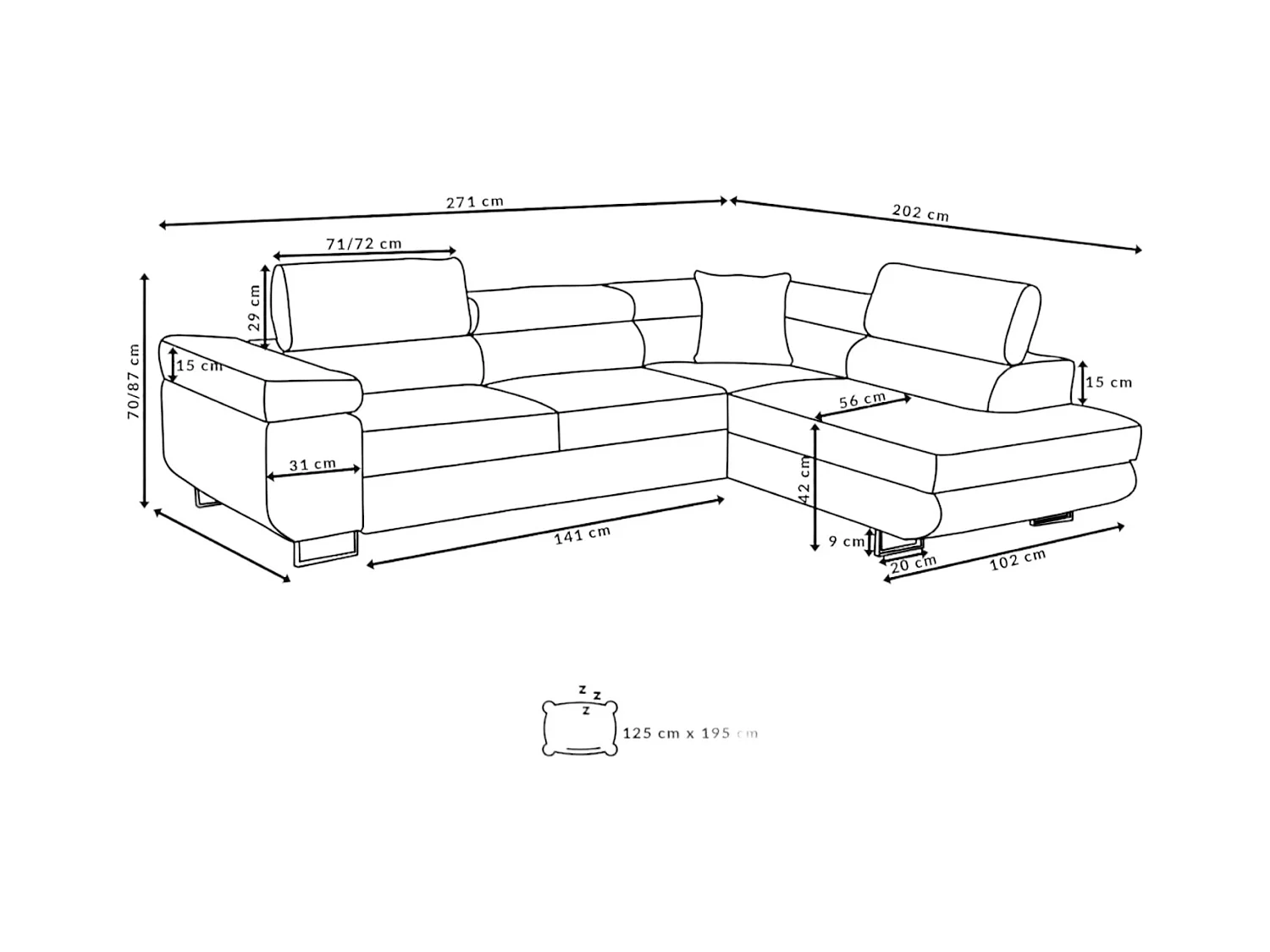 Ecksofa Marlene III L-Form mit verstellbaren Kopfstützen Schlaffunktion Bettkasten 271 x 202 cm Wohnzimmer links, grau