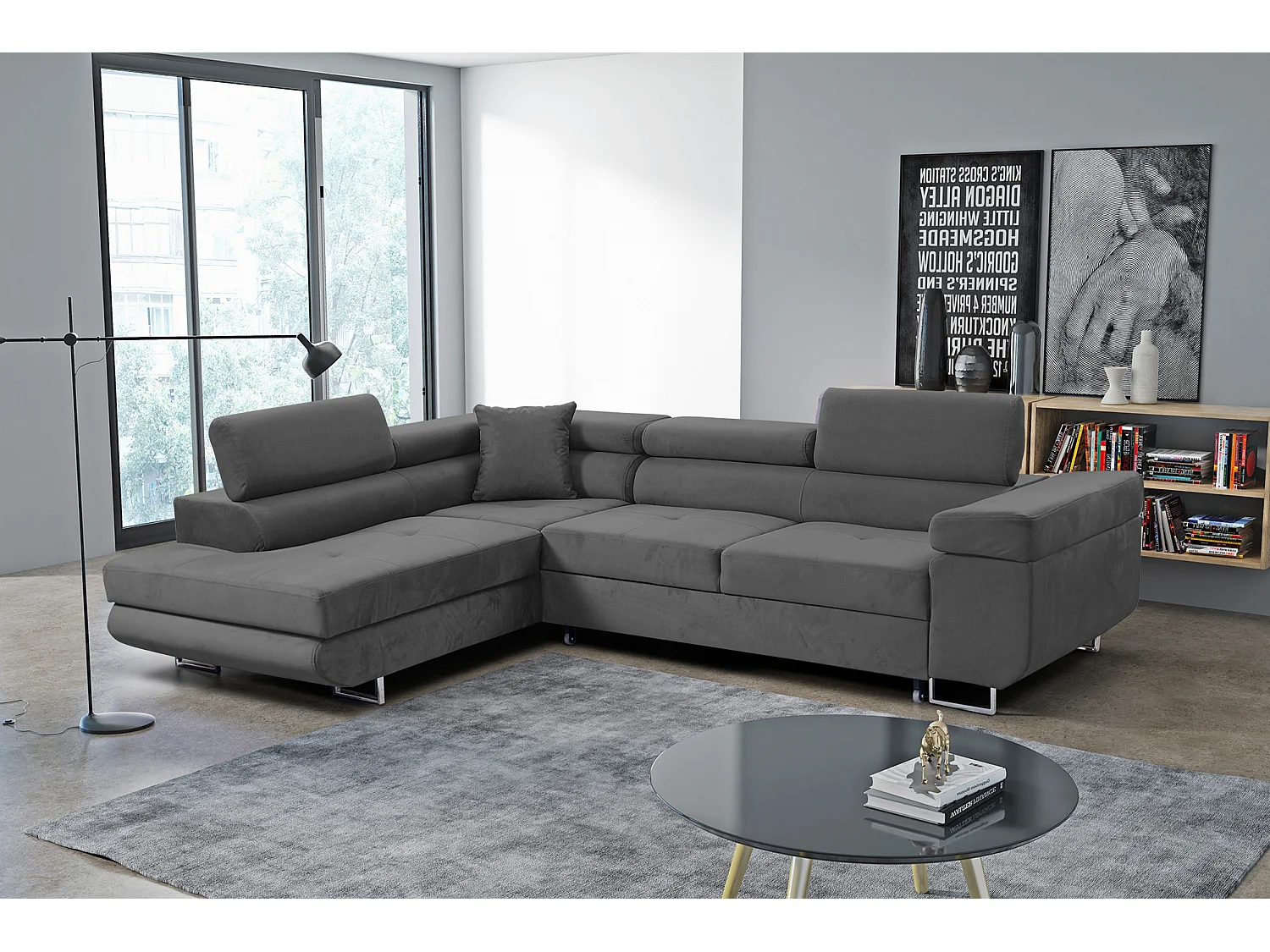 Ecksofa Marlene III L-Form mit verstellbaren Kopfstützen Schlaffunktion Bettkasten 271 x 202 cm Wohnzimmer links, grau