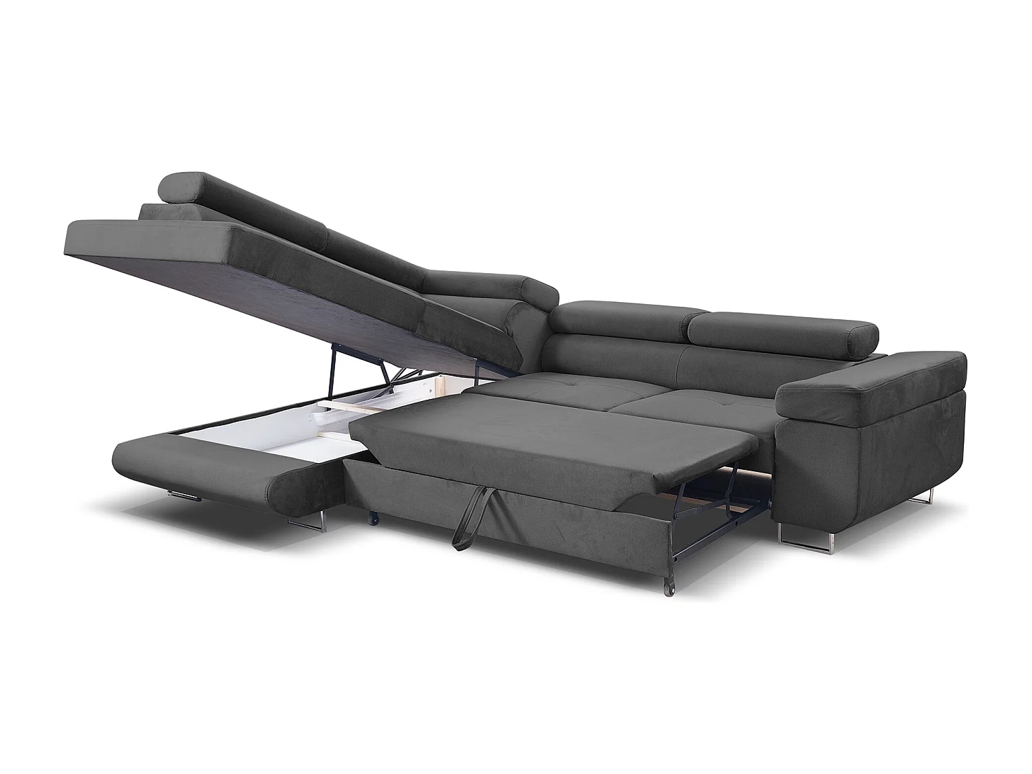 Ecksofa Marlene III L-Form mit verstellbaren Kopfstützen Schlaffunktion Bettkasten 271 x 202 cm Wohnzimmer links, grau