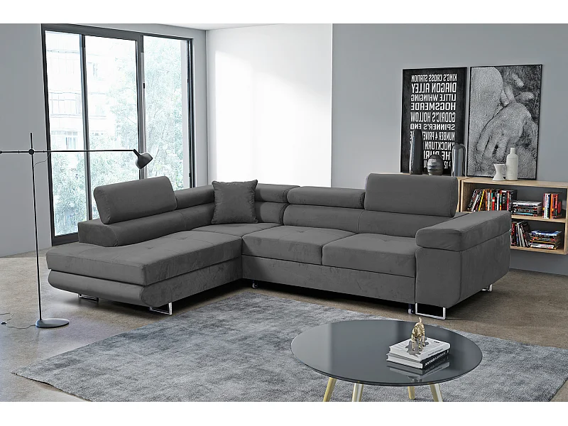 Ecksofa Marlene III L-Form mit verstellbaren Kopfstützen Schlaffunktion Bettkasten 271 x 202 cm Wohnzimmer links, grau
