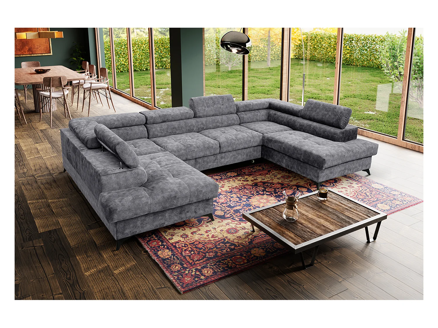 Ecksofa Palermo U-Form mit Schlaffunktion Bettkasten 345 x 202 cm Wohnzimmer Arbeitszimmer Sofa XXL, grau