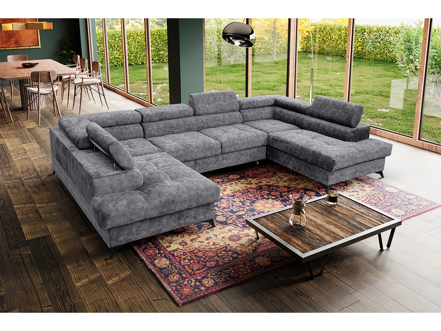 Ecksofa Palermo U-Form mit Schlaffunktion Bettkasten 345 x 202 cm Wohnzimmer Arbeitszimmer Sofa XXL, grau