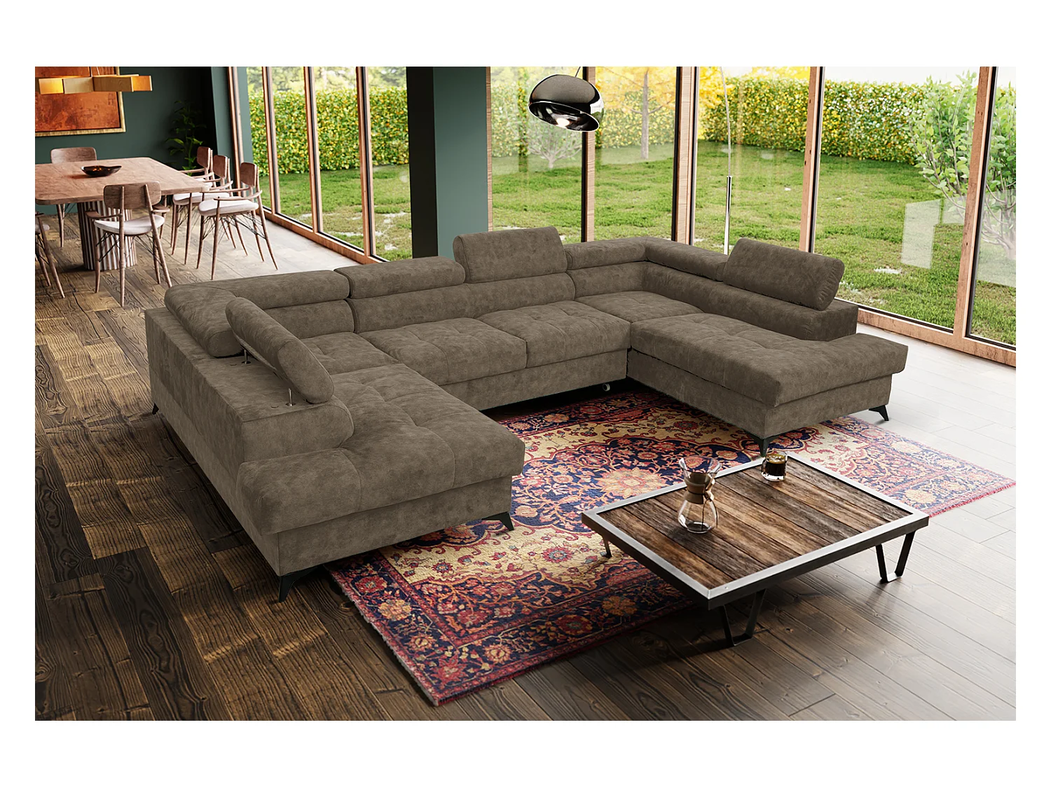 Ecksofa Palermo U-Form mit Schlaffunktion Bettkasten 345 x 202 cm Wohnzimmer Arbeitszimmer Sofa XXL, braun
