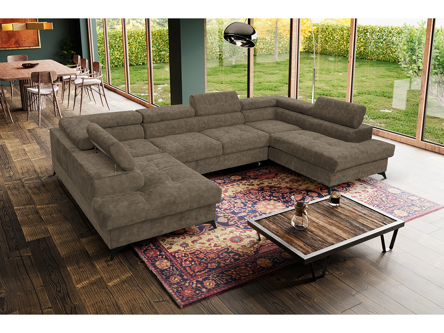 Ecksofa Palermo U-Form mit Schlaffunktion Bettkasten 345 x 202 cm Wohnzimmer Arbeitszimmer Sofa XXL, braun