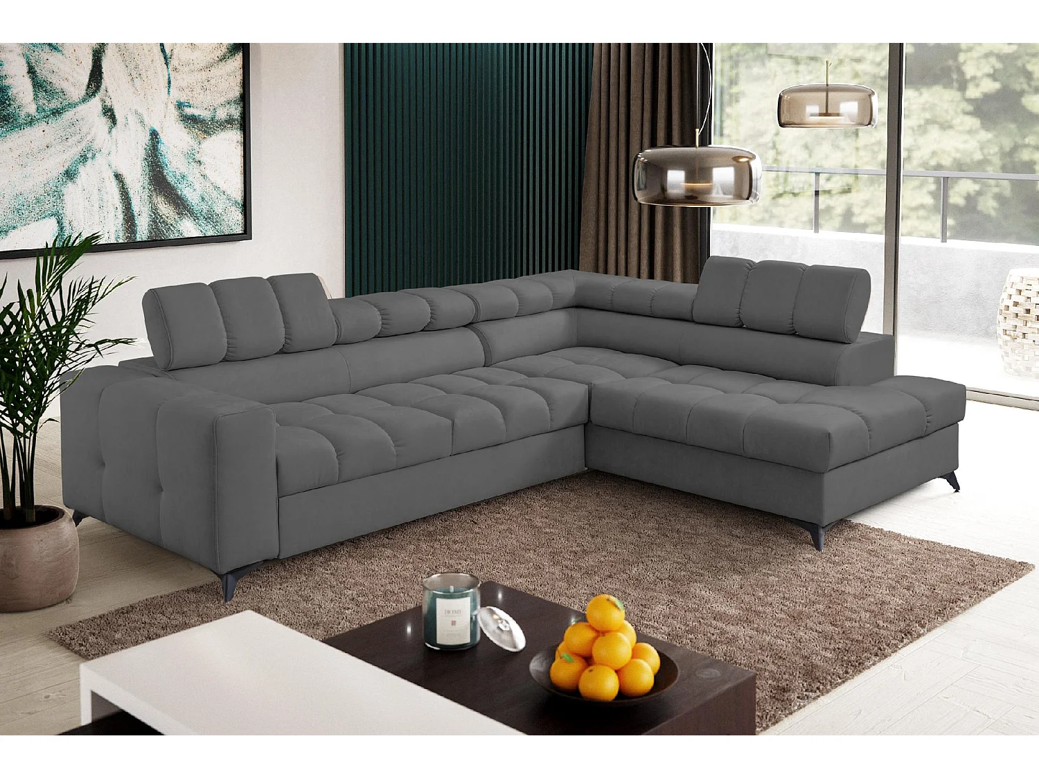 Ecksofa Andrea L-Form mit verstellbaren Kopfstützen Schlaffunktion Bettkasten 267 cm rechts, dunkelgrau