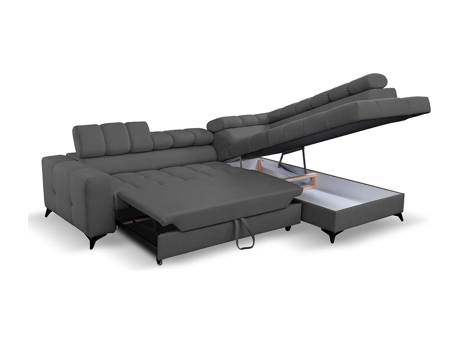 Ecksofa Andrea L-Form mit verstellbaren Kopfstützen Schlaffunktion Bettkasten 267 cm rechts, dunkelgrau