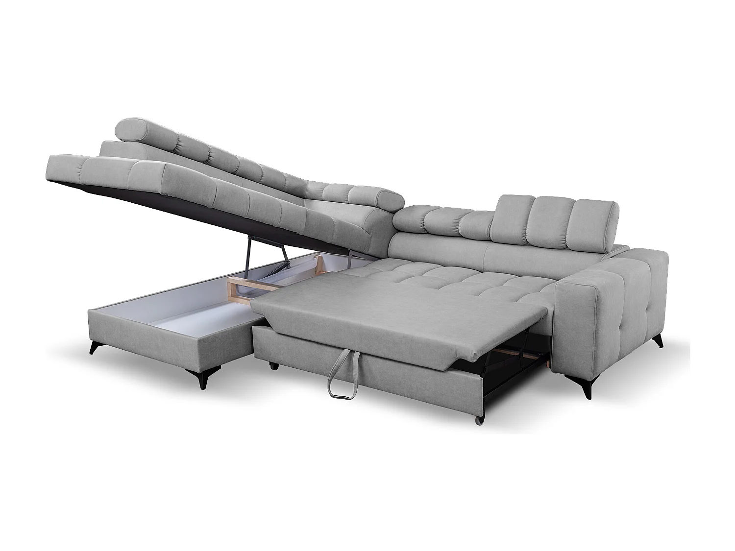 Ecksofa Andrea L-Form mit verstellbaren Kopfstützen Schlaffunktion Bettkasten 267 x 205 cm Wohnzimmer links, hellgrau