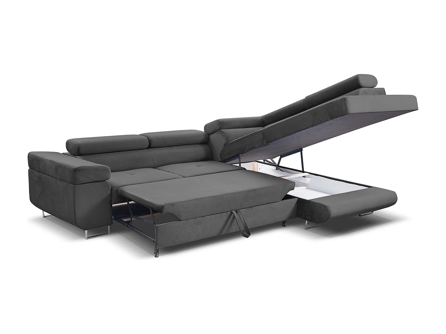 Ecksofa Marlene III L-Form mit verstellbaren Kopfstützen Schlaffunktion Bettkasten 271 x 202 cm Wohnzimmer rechts, grau