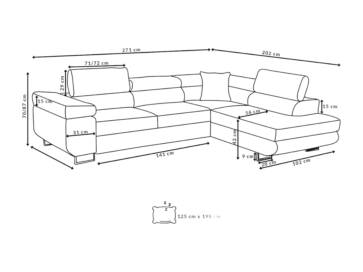 Ecksofa Marlene III L-Form mit verstellbaren Kopfstützen Schlaffunktion Bettkasten 271 x 202 cm Wohnzimmer rechts, grau