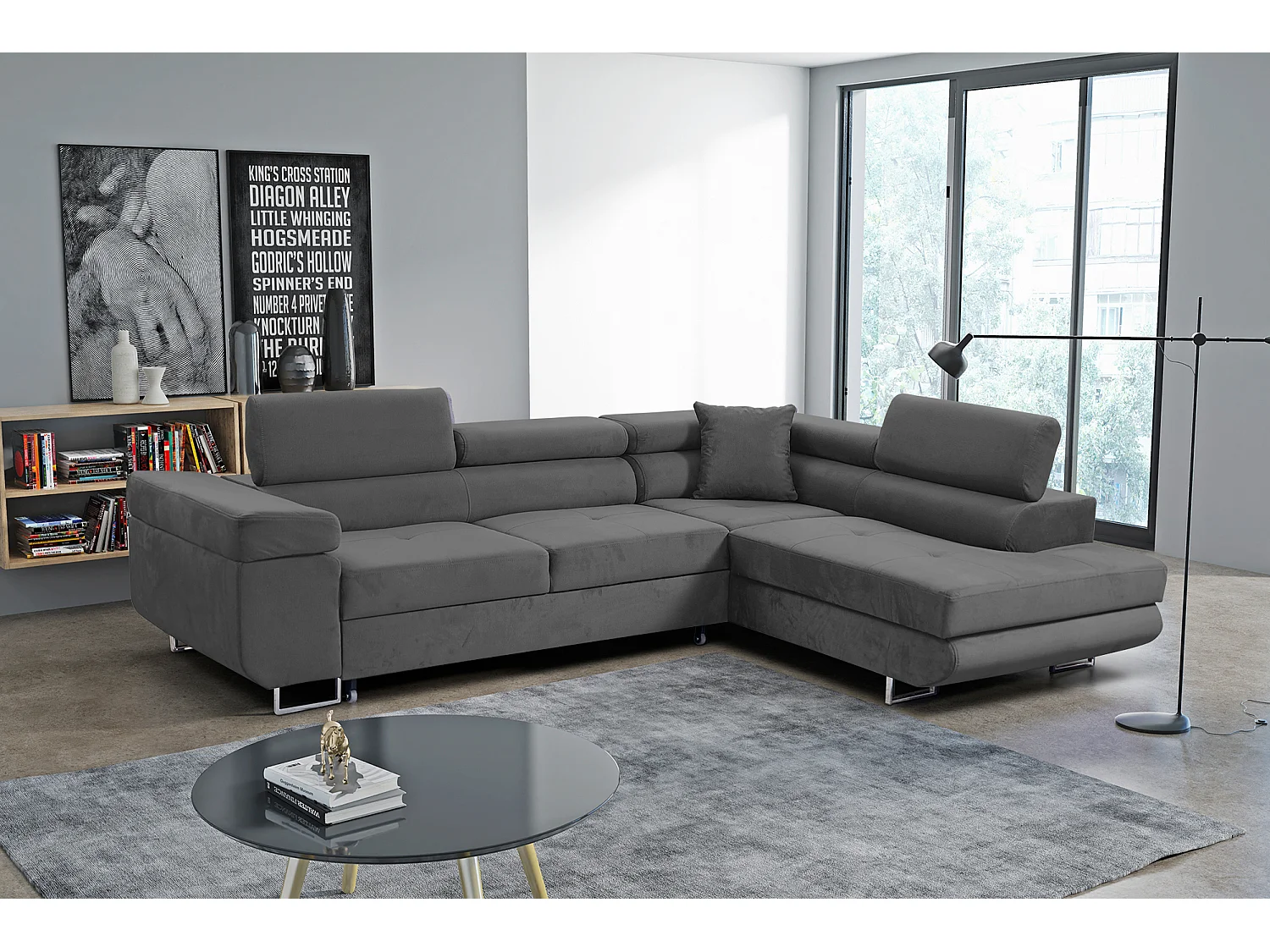 Ecksofa Marlene III L-Form mit verstellbaren Kopfstützen Schlaffunktion Bettkasten 271 x 202 cm Wohnzimmer rechts, grau