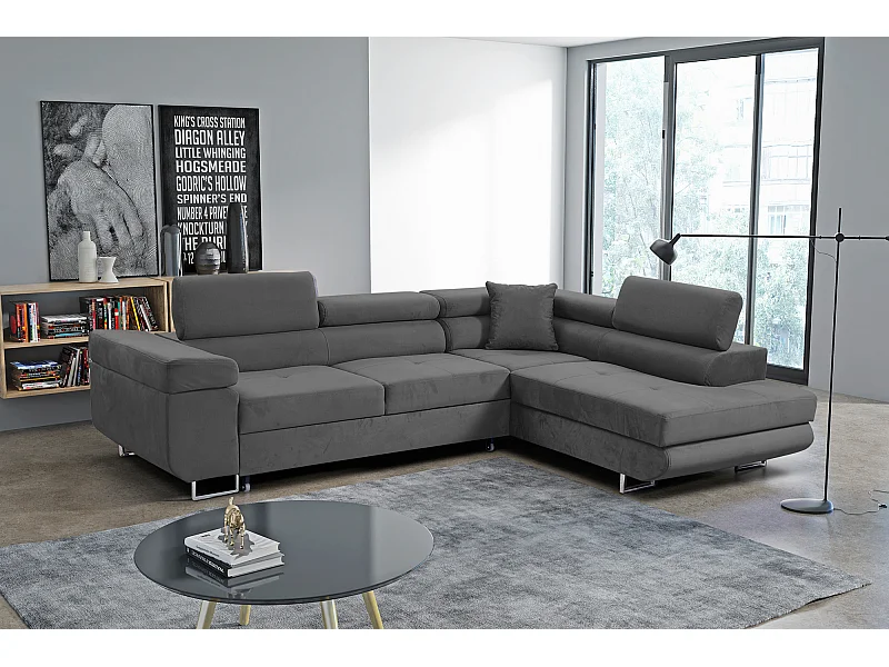 Ecksofa Marlene III L-Form mit verstellbaren Kopfstützen Schlaffunktion Bettkasten 271 x 202 cm Wohnzimmer rechts, grau