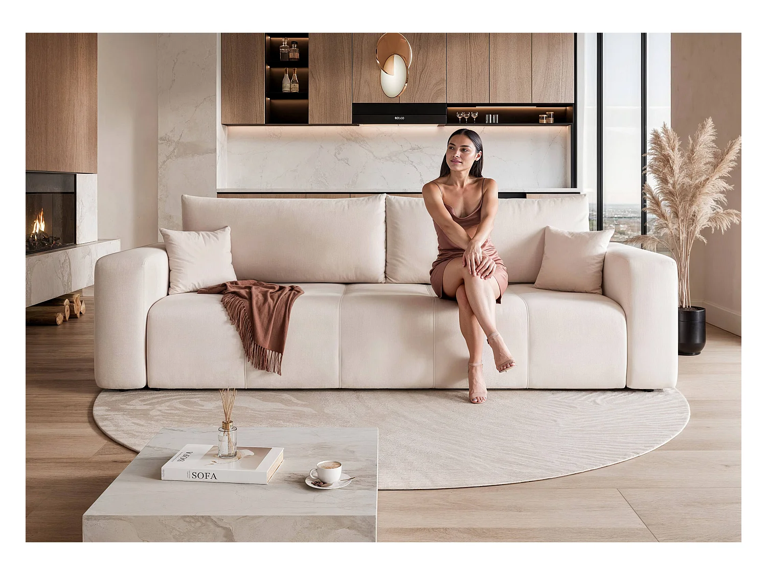 Canapé convertible en tissu beige