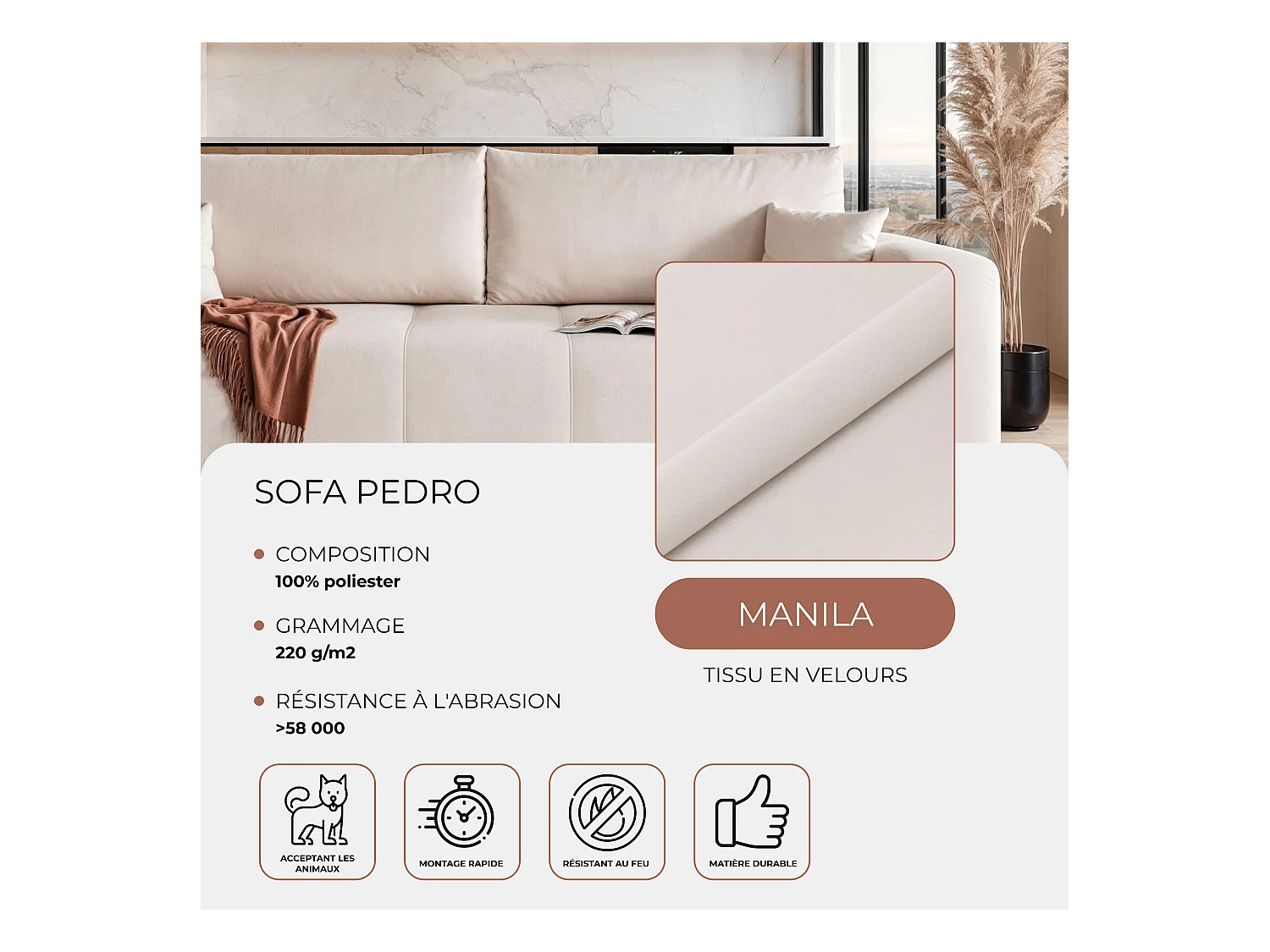 Canapé convertible en tissu beige