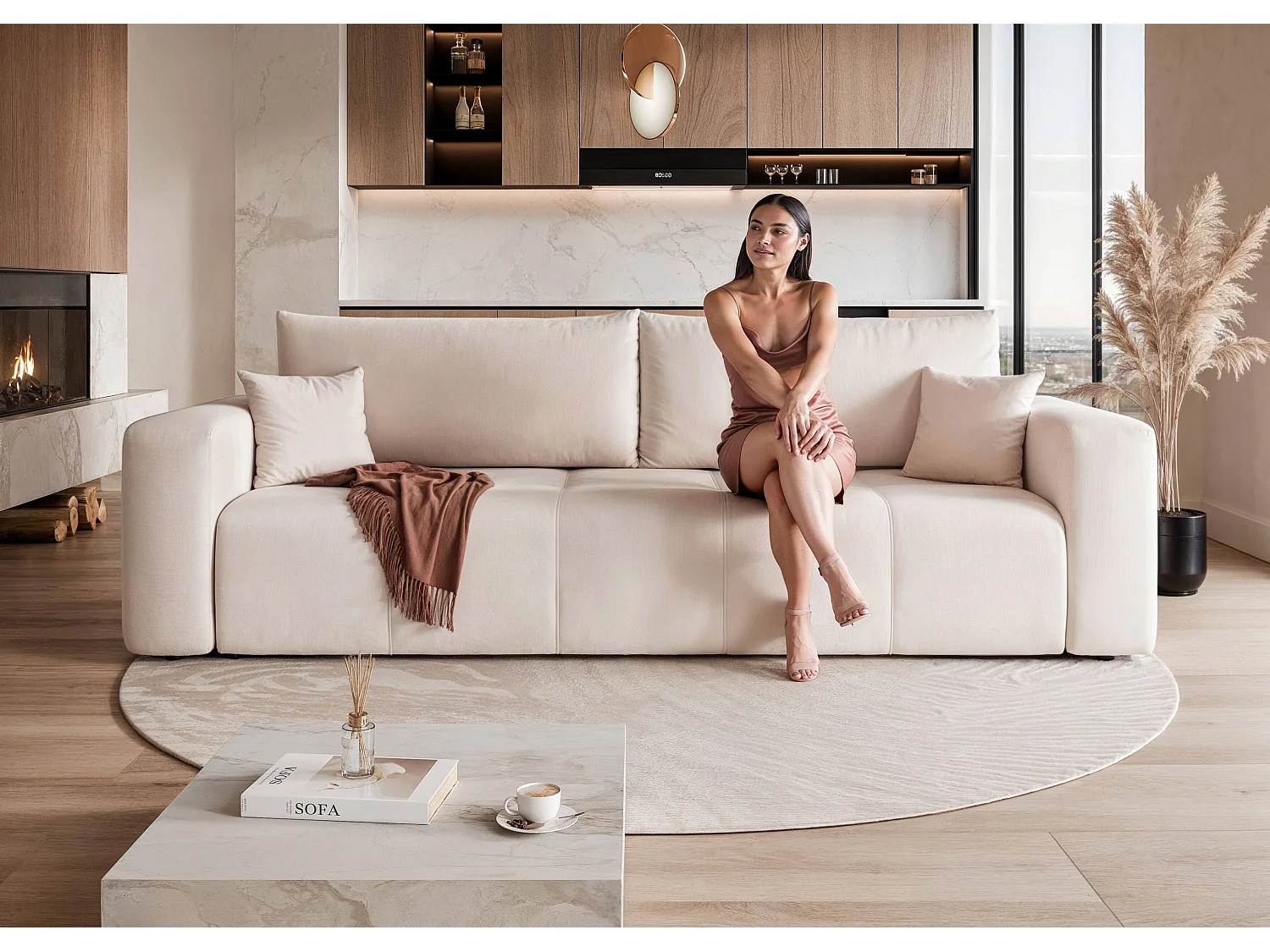 Canapé convertible en tissu beige