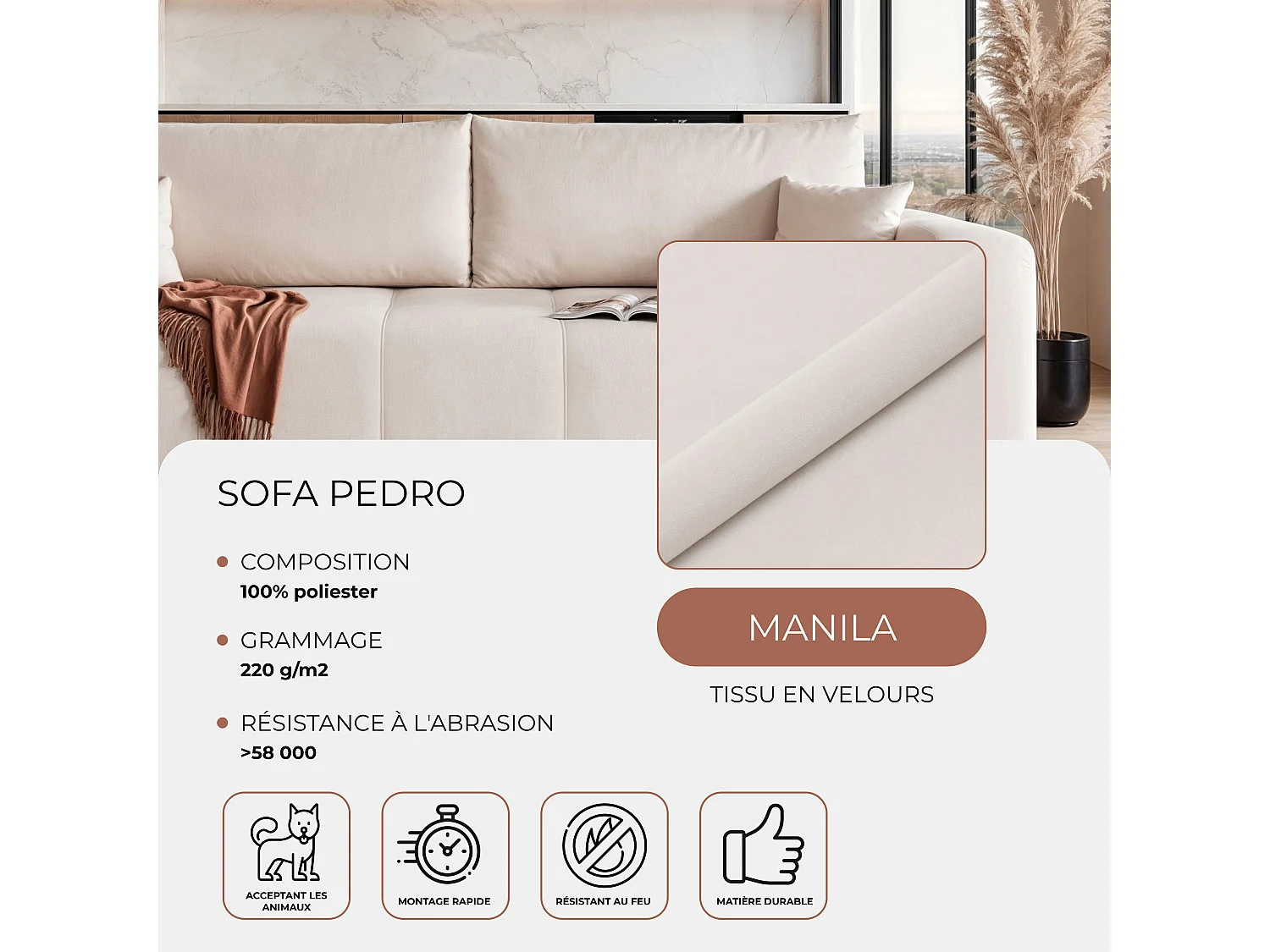 Canapé convertible en tissu beige