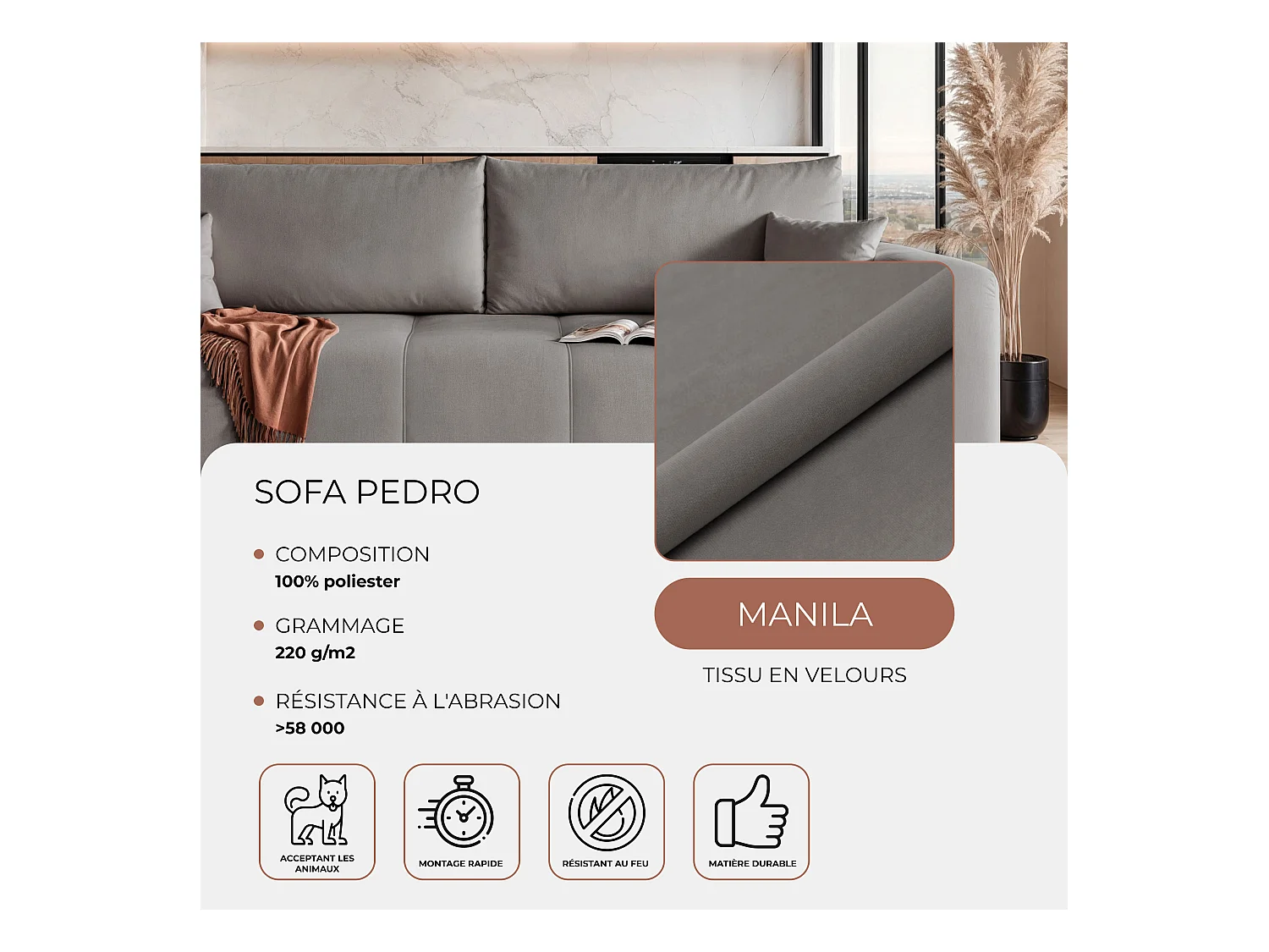 Canapé convertible en tissu gris