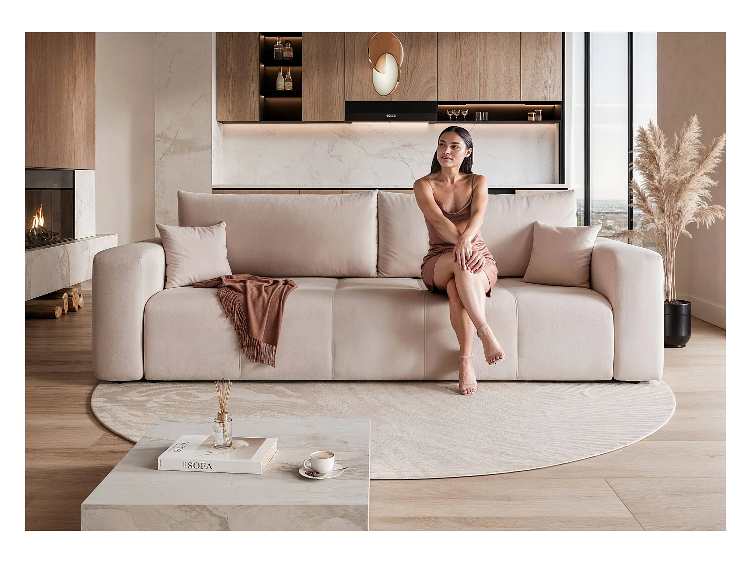 Canapé convertible en tissu crème