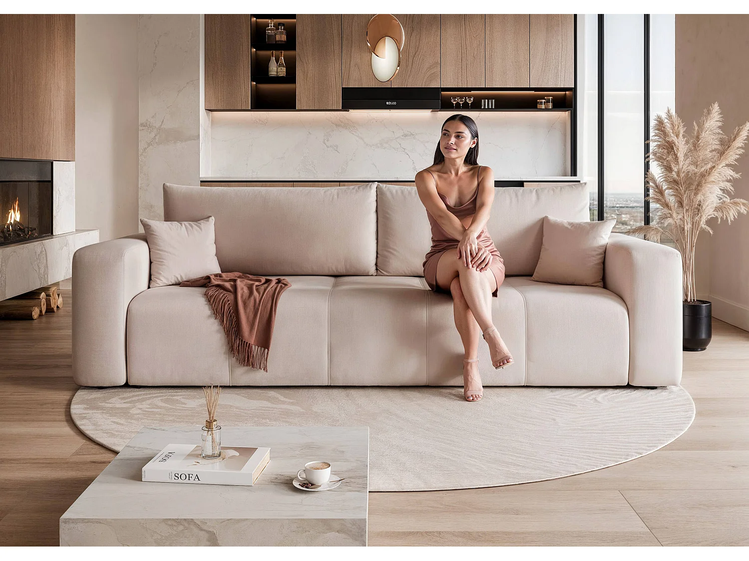 Canapé convertible en tissu crème