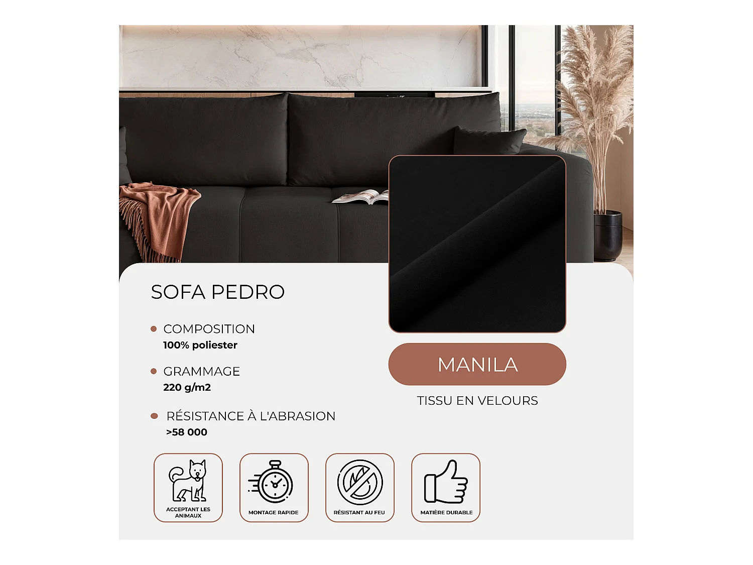 Canapé convertible en tissu noir