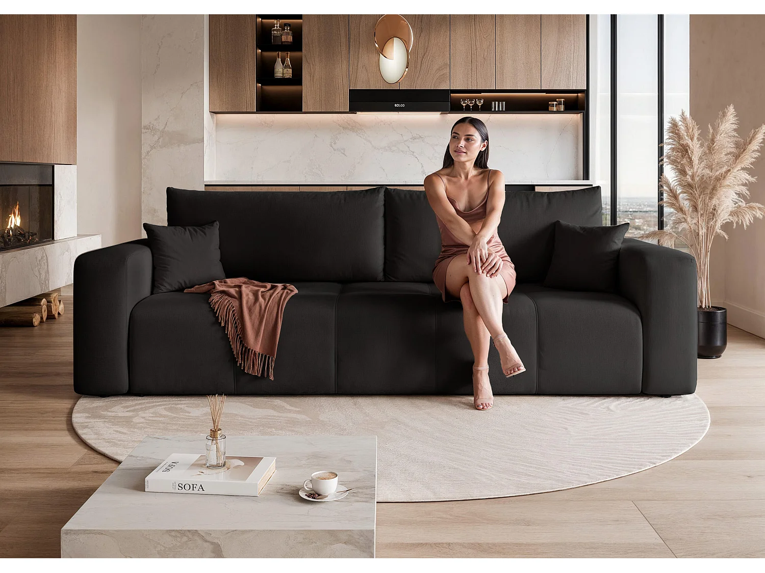 Canapé convertible en tissu noir