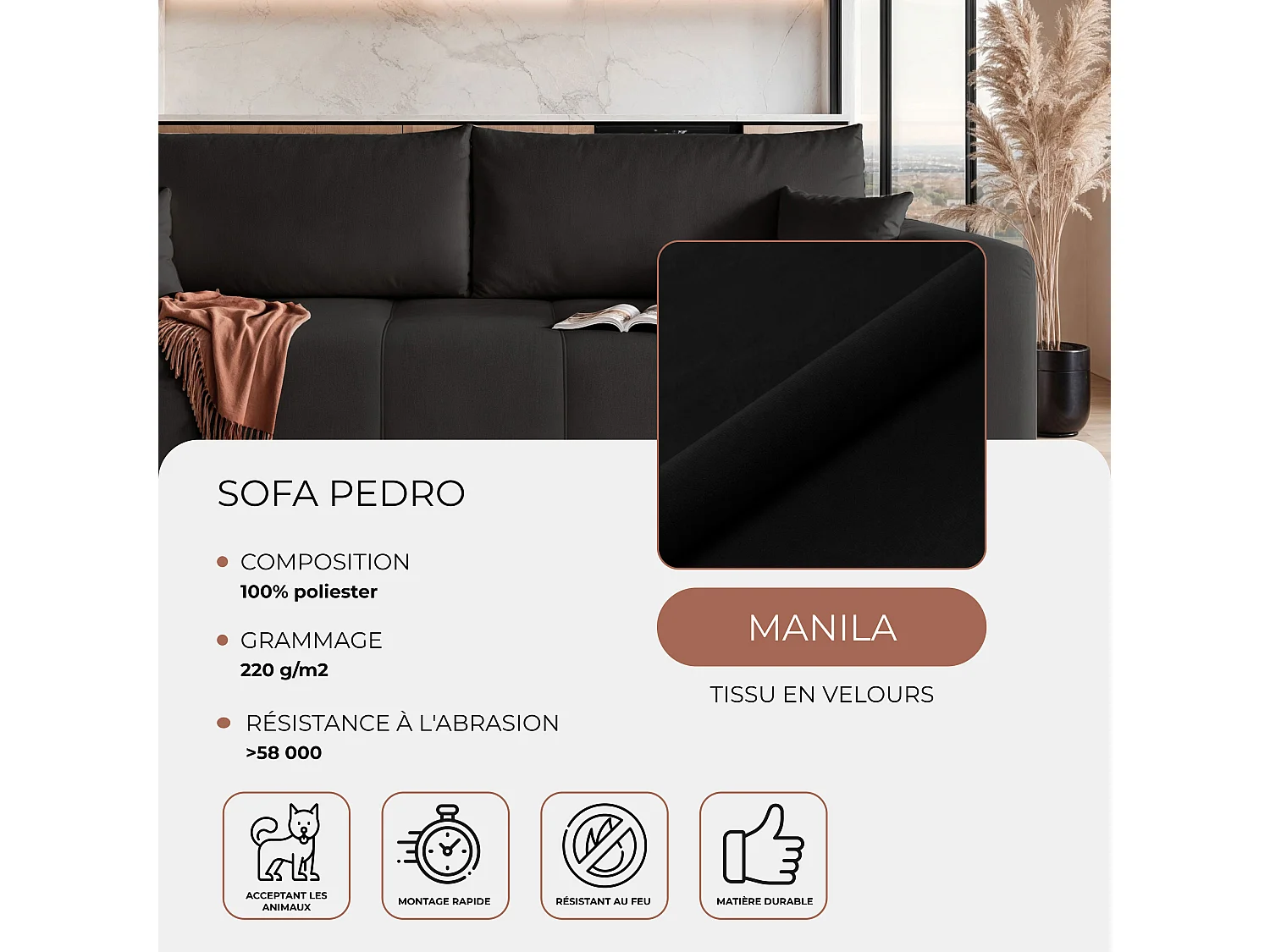 Canapé convertible en tissu noir