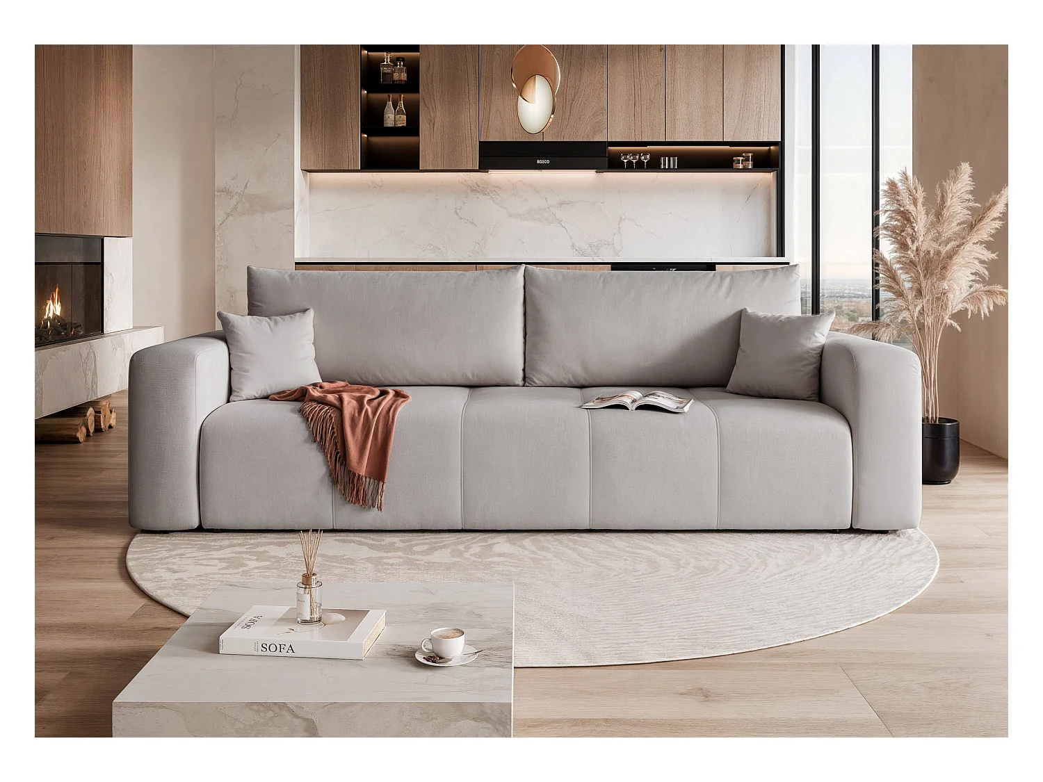 Canapé convertible en tissu gris clair