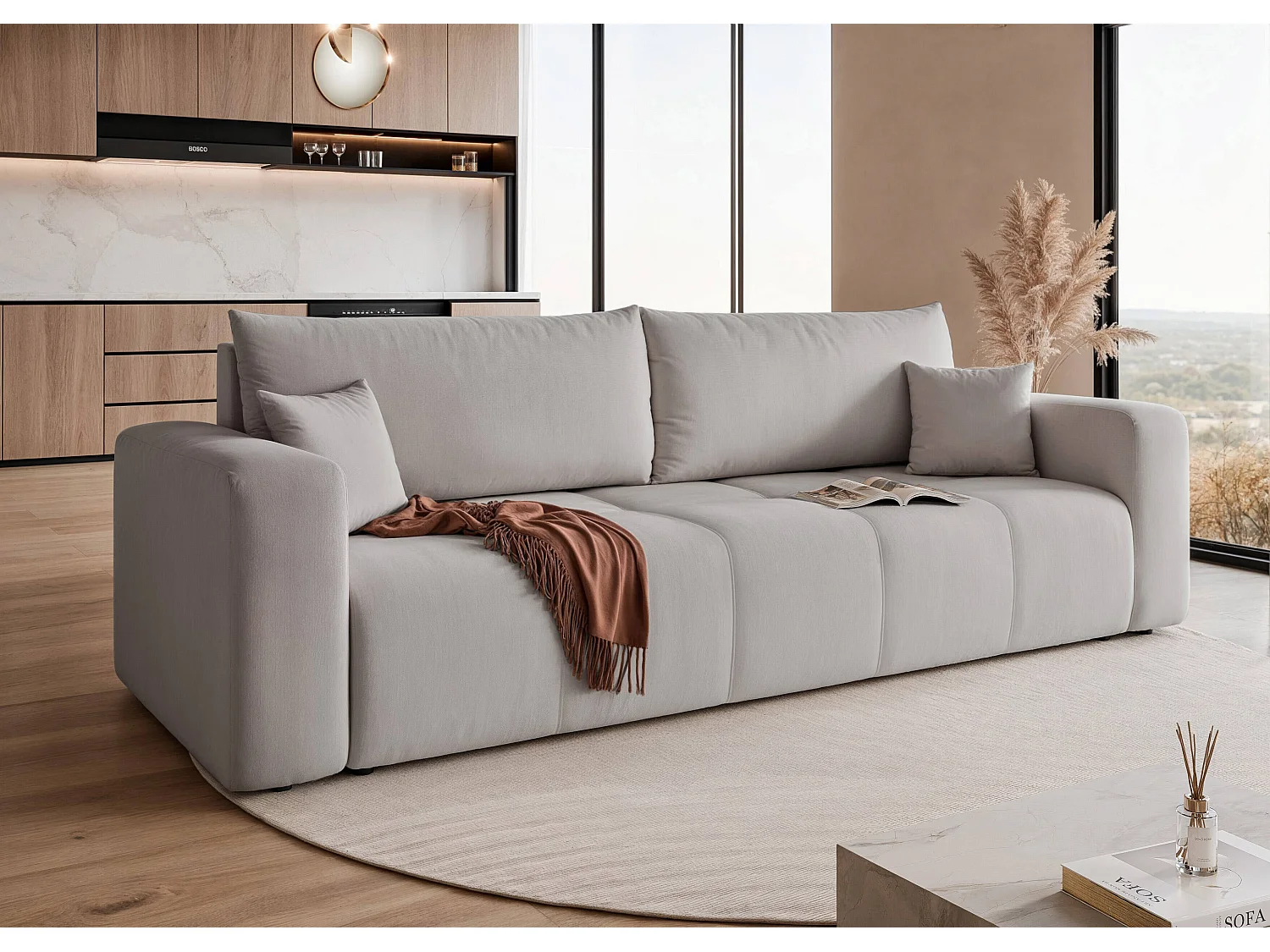 Canapé convertible en tissu gris clair