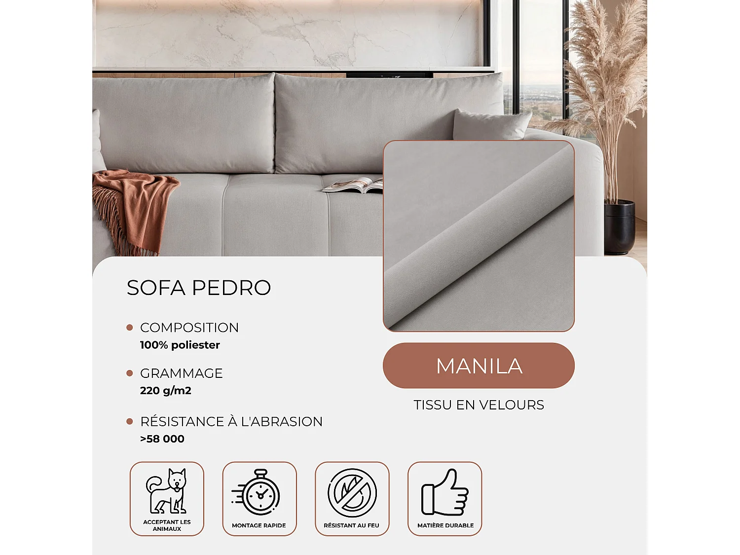 Canapé convertible en tissu gris clair