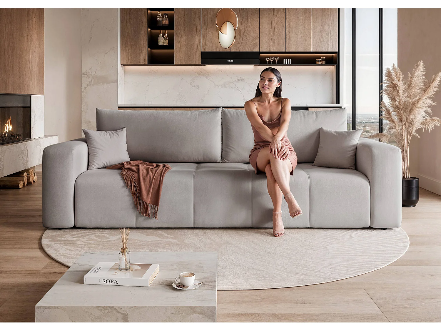 Canapé convertible en tissu gris clair