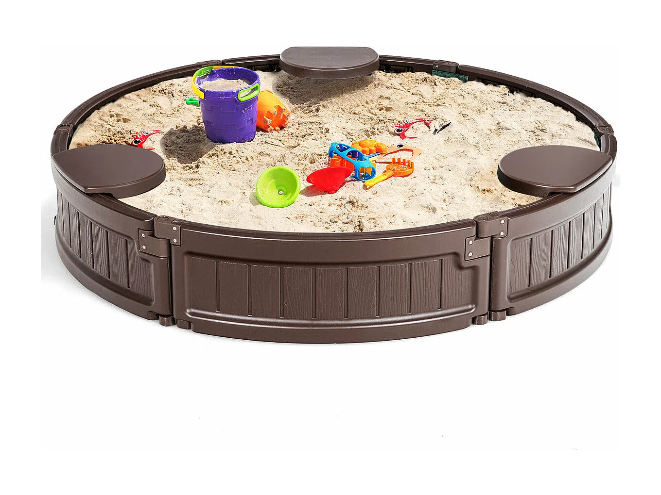 Caixa de areia infantil redonda 120 x 120 x 21 cm plástico com tampa impermeável assentos de lona integrada forro inferior marrom 20_0007746