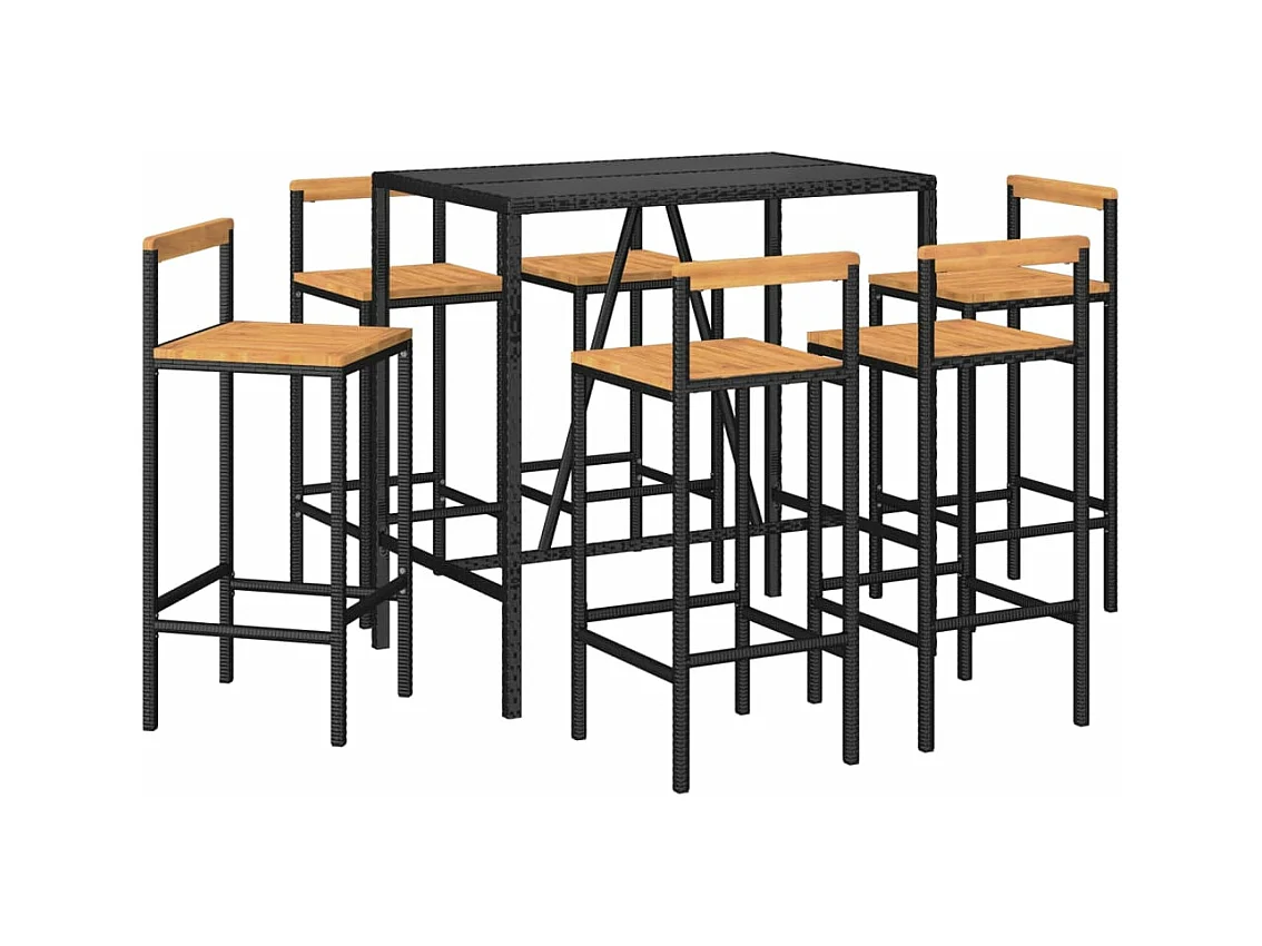Set bar da giardino mobili da esterno terrazza 7 pezzi polyrattan nero/legno massiccio di acacia 02_0013491