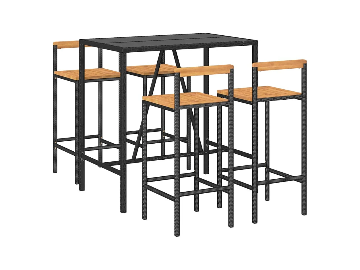 Set bar da giardino mobili da esterno terrazza 5 pezzi polyrattan nero/legno massiccio di acacia 02_0013486