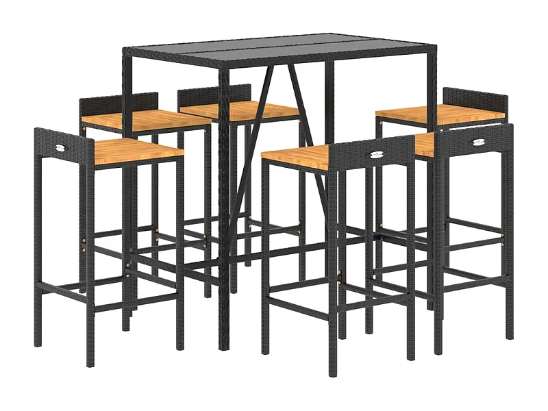 Conjunto de bar de jardim, mobiliário de exterior, terraço, 7 peças, rattan poli preto/madeira de acácia maciça 02_0013490