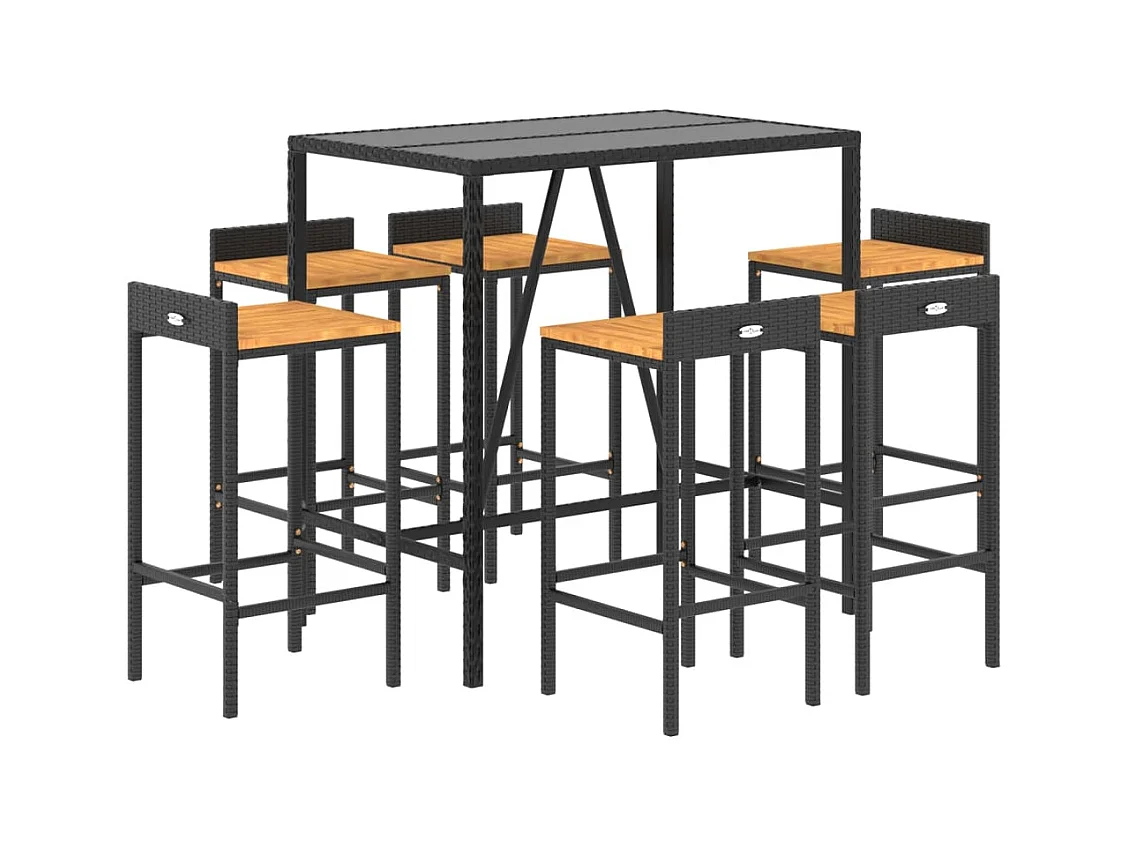 Set bar da giardino mobili da esterno terrazza 7 pezzi polyrattan nero/legno massiccio di acacia 02_0013490