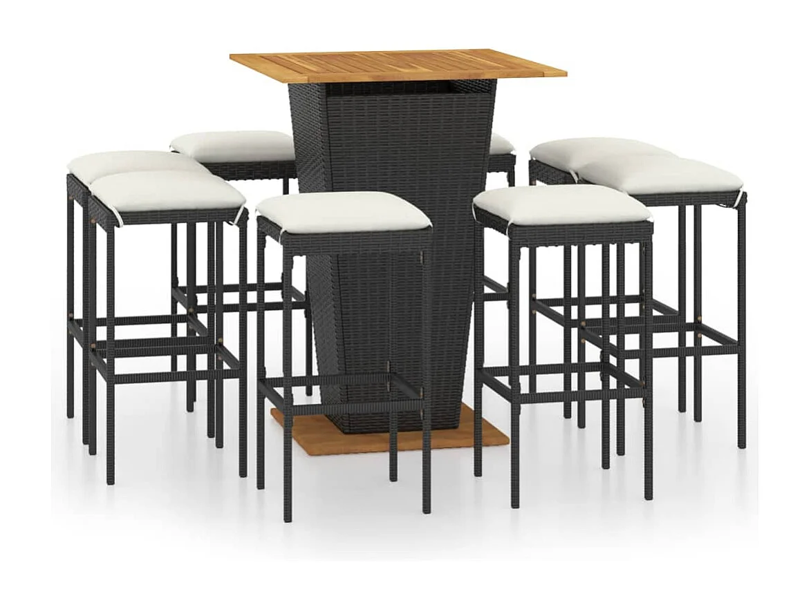 Conjunto de bar de jardim de 9 peças e almofadas de vime de resina preta 02_0013450