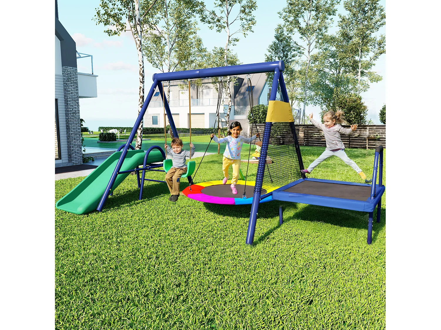 Ensemble de balançoires multifonctionnelles pour extérieur – Toboggan, trampoline, balançoire nid ronde et balançoire plastique, sûr et durable, pour aire de jeux