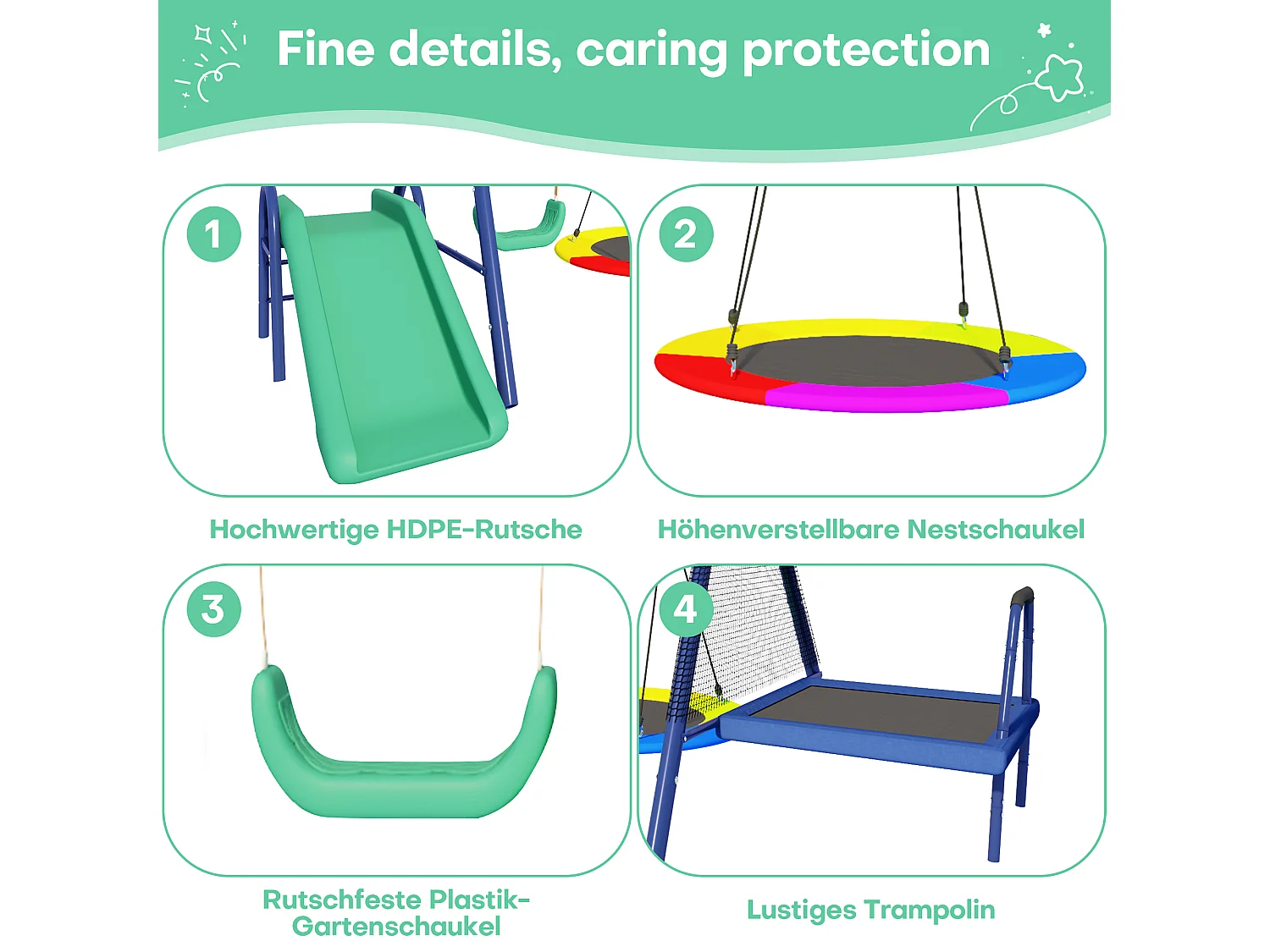 Ensemble de balançoires multifonctionnelles pour extérieur – Toboggan, trampoline, balançoire nid ronde et balançoire plastique, sûr et durable, pour aire de jeux