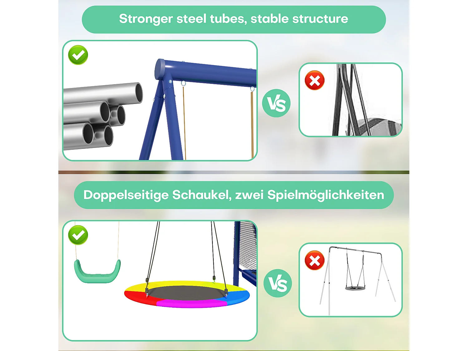 Ensemble de balançoires multifonctionnelles pour extérieur – Toboggan, trampoline, balançoire nid ronde et balançoire plastique, sûr et durable, pour aire de jeux