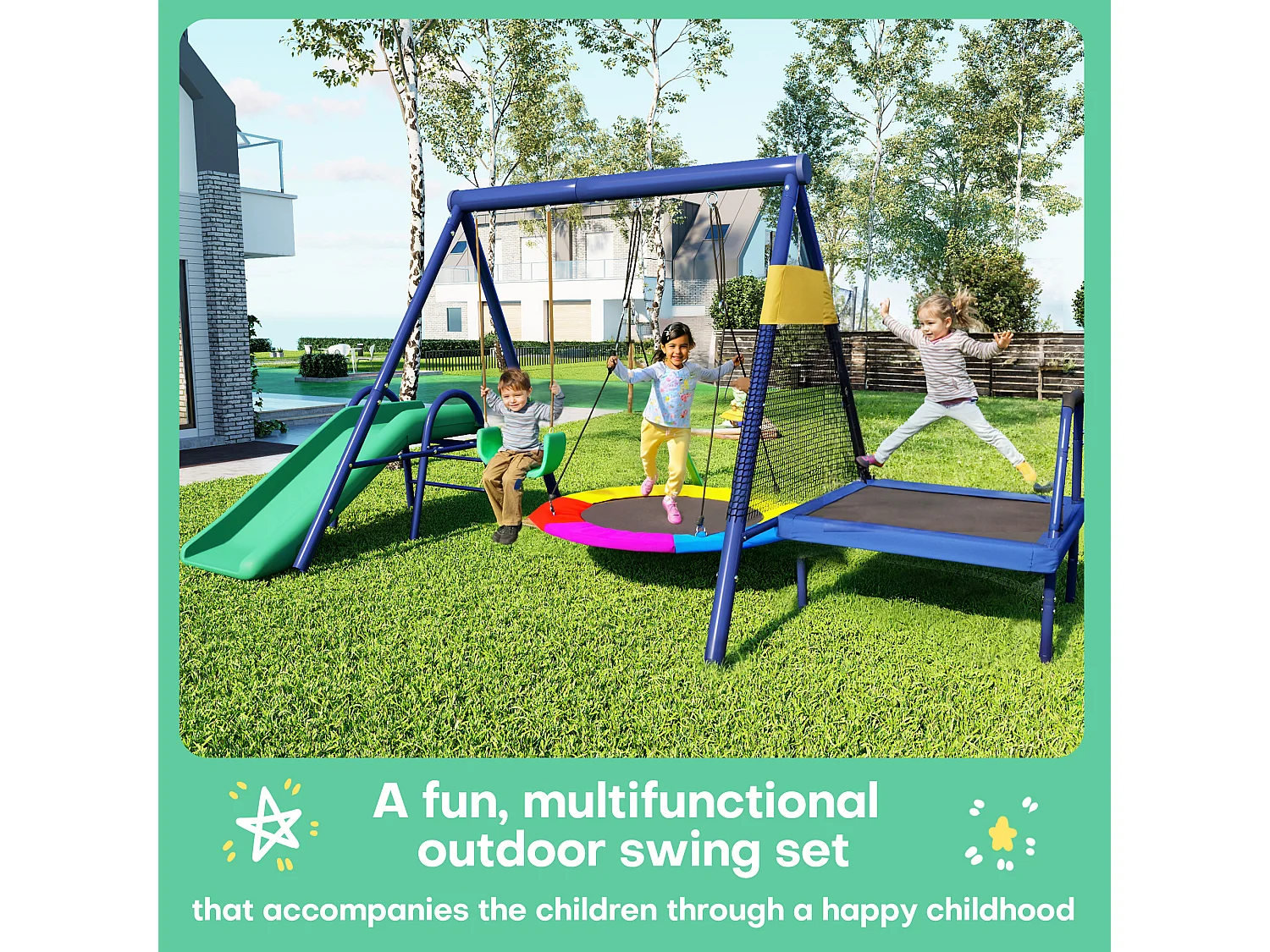 Ensemble de balançoires multifonctionnelles pour extérieur – Toboggan, trampoline, balançoire nid ronde et balançoire plastique, sûr et durable, pour aire de jeux